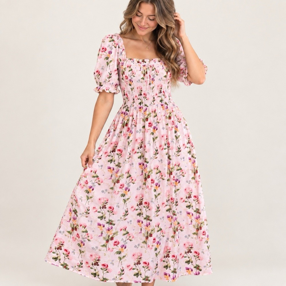 Hill House Home Scarlett Nap Dress S Pink Floral Smocked Puff Sleeve Cotton Maxi